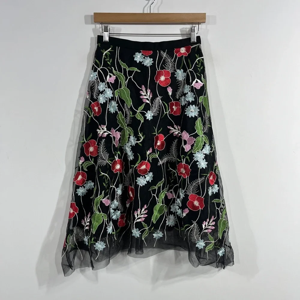 Eva Franco Fairy Grunge Boho Floral Embroidered Mesh Midi Skirt Size 4 Feminine
